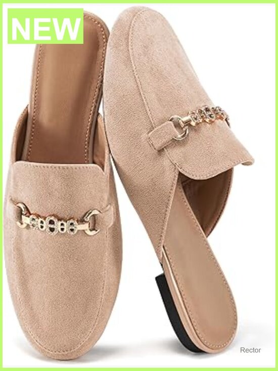 Shoes - Faux Suede Mules with Crystal Buckle - Lightweight Slip On Flats for Office